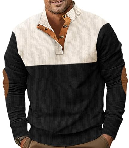 PRIVIMIX Sweat Homme sans Capuche Léger Pull Col à Boutons Sweatshirt Velours Côtelé Sweet, Noir, XL