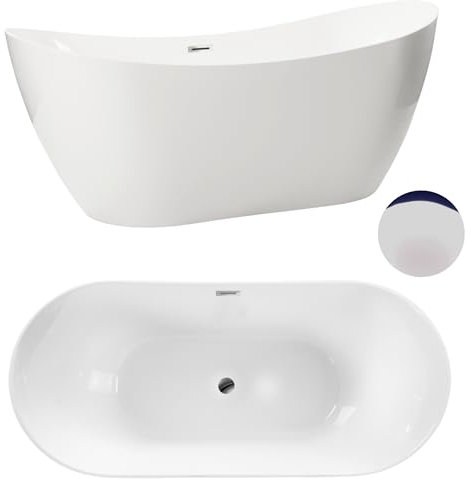 Aquauno - Baignoire autoportante en acrylique sanitaire de qualité supérieure - 170 x 72 cm - Avec bonde clic-clac, trop-plein, couvercle, bonde en chrome - Design moderne pour baignoire autoportant