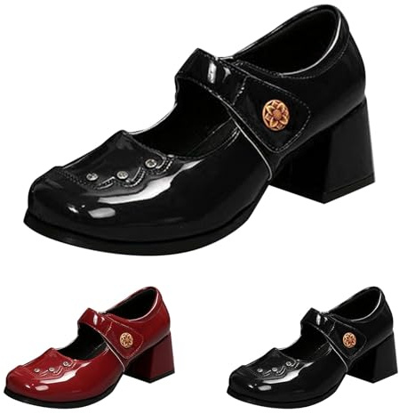 Mary Jane - Zapatos bajos para mujer, tacón cuadrado, elegantes con correas, tacones altos, zapatos de vestir, piel sintética, mocasines con punta cuadrada, zapatos de tacón, Negro , 36 EU