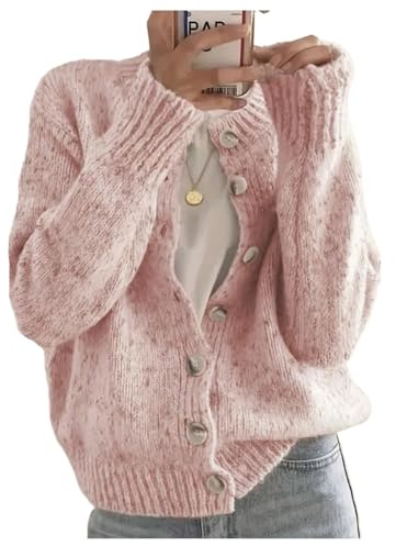 WDIRARA Women's Button Down Cardigan Sweaters Crewneck Long Sleeve Knit Outerwear Casual Knitwear Pink Large