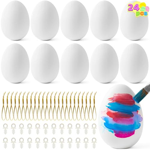 JOYIN 24 Pcs Plastic Easter Eggs for Painting and Decorating, Hanging Craft Eggs with Rope, Blank Easter Egg Ornaments for DIY Coloring, Easter Party Decorations and Craft Kit