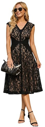 Ever-Pretty Vestito Donna Elegante Collo a V Senzamaniche Pizzo Midi Gonna Svasata Nero 50