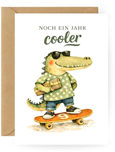 3Käsehoch Tarjeta de cumpleaños para niño de 9 años – Tarjeta de felicitación para 9º cumpleaños infantil con monopatín de cocodrilo – Tarjeta plegable A6 con sobre (9º cumpleaños)