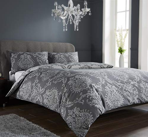 Olivia Rocco Royal Damask - Juego de funda de edredón de fácil cuidado con fundas de almohada de algodón reversible (individual, gris)