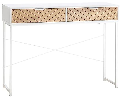 HOMCOM Table Console Industriel 2 tiroirs Aspect Bois de chêne sculpté Motif à Chevrons piètement métal Blanc