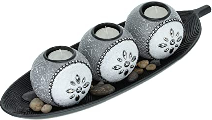 Relaxdays Teelichthalter Set mit Schale & Dekosteinen, 40,5 cm lang, Tischdeko Wohnzimmer, Kerzenhalter, grau/schwarz