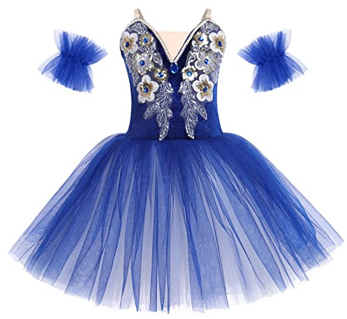 OBEEII Robe de Ballet Tutu Danse Classique Fille Jupe Tulle Justaucorps Danse Spaghetti Straps Paillettes Broderies Gymnastique L?otard Dancewear Costume avec Brassard Bleu fonc? 9-10 Ans