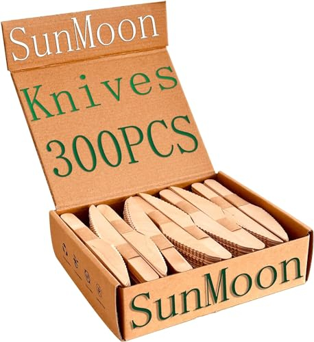 SunMoon Eco Friendly 300 Pack Wooden Knives Disposable, 16cm Long, Plastic Free Packaging，Substitute For Plastic and Bamboo Forks, Disposable Knives For Parties, Camping, Weddings, Garden