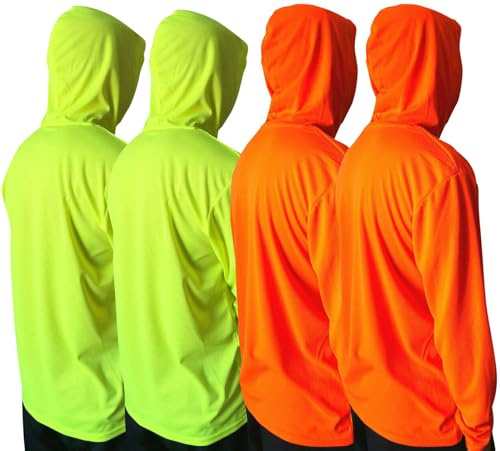 Men UPF 50+ Sun Protection Breathable T Shirt Long Sleeve Workout T-Shirts with Hood (4Pcs Mix (2 Neon Yellow/2 Neon Orange), XL)