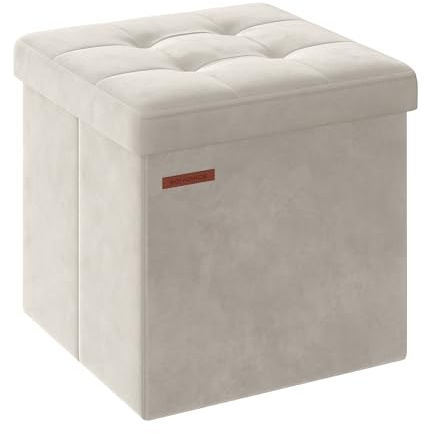 SONGMICS Storage Ottoman, Foldable Small Ottoman Foot Rest, 38 x 38 cm Foot Stool, Ottoman with Storage, Load up to 300 kg, for Living Room, Bedroom, Dorm, Cream White LSF227W51