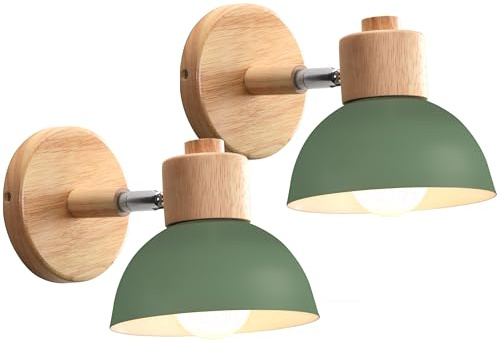 iDEGU 2 Pezzi Lampade da Parete Retrò Vintage Applique da Interno in Metallo e Legno Moderne, Faretto da Muro Orientabile E27 Luce da Camera da Letto Soggiorno Cucina Ristorante (Verde Oliva)