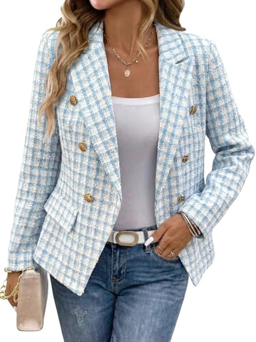 Mina Self Tweed Blazers for Women Jacket 2025 Winter Womens Clothes Blue Women's Blazers & Suit Jackets New Years Eve Fashion Clothing Petite Double Breasted Work Casual Fitted Boyfriend Ladies Cute