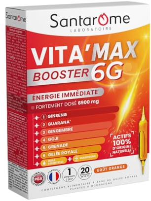 Santarome Vita'Max Booster 6G - Suplemento dietético antifatiga, energía inmediata - 6900 mg de activos, Ultra dosificado - Ginseng, Guarana, Jengibre, Goji, Granada, Jalea Real - 20 ampollas, Francia