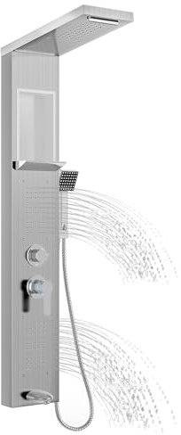 LZQ Pannello doccia in acciaio inox, sistema doccia a 5 funzioni, con doccia a pioggia, cascata, 2 getti massaggianti, doccetta e beccuccio per vasca da bagno, set doccia montato a parete (argento