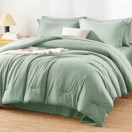HIMEET Bekväma sängkläder i 7 delar för king size-säng (223,5 x 223,5 cm), 7-delat lyxigt mjukt sängkläder med täcke, lakan, örngott och örngott, salviagrön