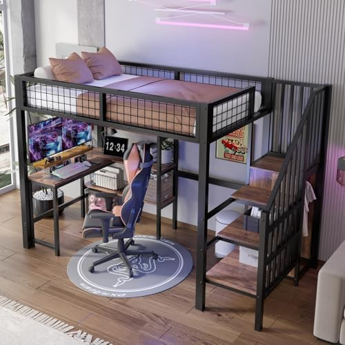 PUGSDRLY Lit Mezzanine 1 Place 90x200cm,avec Bureau, Escalier, Armoire et Étagère de Rangement,pour Enfant et Adolescent,Cadre en Fer,sans Matelas,Noir (90x200)
