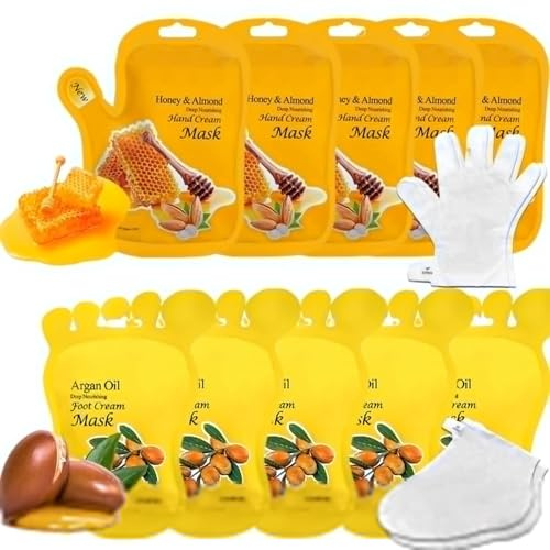 Paquete de 10 mascarillas de mano hidratantes, 5 pares de guantes de miel y almendras y 5 pares de calcetines de aceite de argán, máscaras hidratantes, reparadoras, máscaras nutritivas profundas,