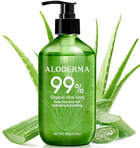 Aloderma Aloe Vera Gel - Large 17.6oz Value Pump - Made within 12 Hours of Harvest with 99% Organic Aloe Vera, Lightweight, Non-Sticky for Sunburns, Natural, Soothing Aloe Vera for Face & Hair