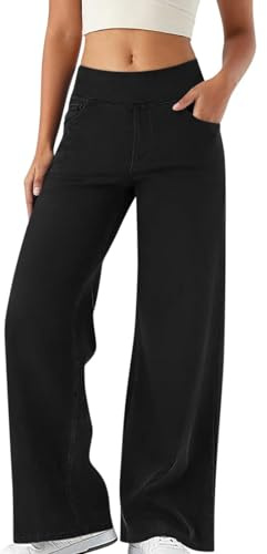 Générique Jean Femme Taille Haute Elastique Coupe Droite Jean Large Femme Taille Elastique Straight Baggy Jeans Pantalon Fluide été Grande Taille Jambes Larges en Denim Jean Wide Leg Longueur 34