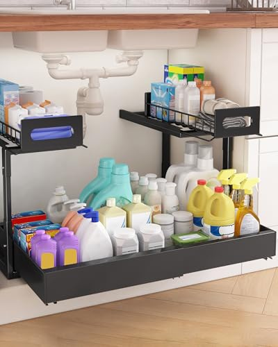 Ornestia Rangement sous Évier en Métal, 2 Niveaux Tiroir Coulissant Cuisine pour Placard Meuble Cuisine Salle Bain, Réglable en Hauteur, Organiseur Extensible pour Évier, Largeur et Hauteur Réglables