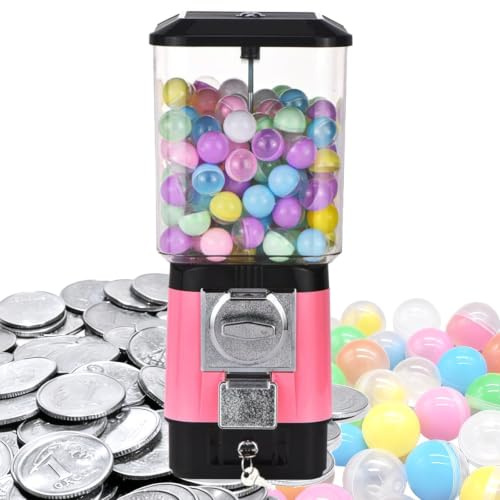 Distributeur automatique de bonbons, machine à chewing-gum à pièces, 200 boules vides, 100 jetons en acier inoxydable, tirelire à pièces for capsules de jouets, boules rebondissantes, bonbons(Pink)