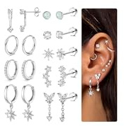 Adramata 9 Pairs Stud Hoop Earrings for Women Hypoallergenic Flat Back Earrings Dangle Huggie Earring Sets for Multiple Piercing Cartilage Earring Gold Silver Tragus Helix Piercing Jewellery