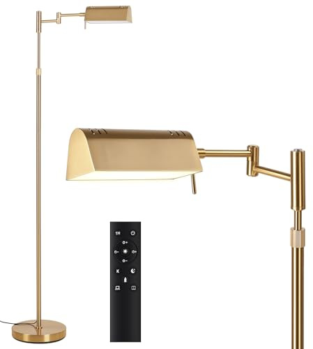 SUNMORY Dimmable LED Pharmacy Floor Lamp, 16W/1500LM Bright Reading Floor Lamp with Remote & Touch Control, 350°Swing Arm, Adjustable Task Craft Standing Lamp for Living Room Bedroom Office, Gold