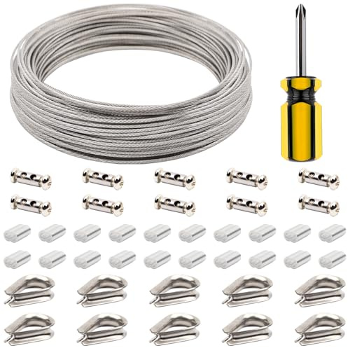 AMZSKU Cable de alambre de 1.5 mm, 30 m, cable de acero inoxidable 304 con manguitos de aluminio, cuerda de acero inoxidable puede colgar imágenes, cable de ropa, guía de luz, pesca
