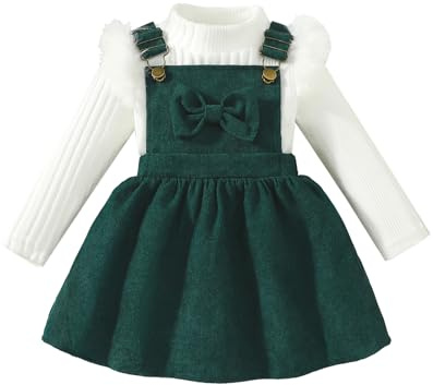 UUAISSO Vestiti per Bambine Maniche Lunghe Maglia a Coste Fiocco Velluto a Coste Gonna con Bretelle Abiti Verde 18-24 Mesi