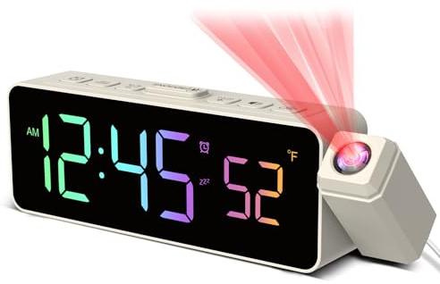 Netzu Sveglia con Proiezione per Soffitto Pareti, Sveglia Digitale con Proiettore 180°, Visualizzazione della Temperatura, Display LED, 4 Livelli di Luminosità, 3 Livelli di Volume (Beige-rgb)