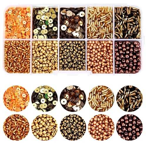 TIHNY 120g Gold Beads and Sequins Kit - 10 Styles Mixed Sizes (2-7mm) Plastic & Glass Craft Beads Assortment for Bracelet Making, Jewelry, Christmas DIY