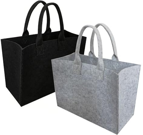 Filtväska, 2 stycken filtväskor, shoppingväska, vikbara filtväskor, shoppingväska, filt med handtag, återanvändbar shoppingväska, filt för shopping, gå ut resa, picknick (grå svart 40 x 30 x 20 cm)