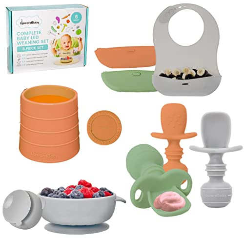 UpwardBaby Led Entwöhnungszubehör 6–12 Monate Essbesteck – First Solids Säuglingsernährungsset – Saugnäpfe, Babyteller, Geschirr, Löffel und Becher für Kleinkinder mit Silikon-Lätzchen