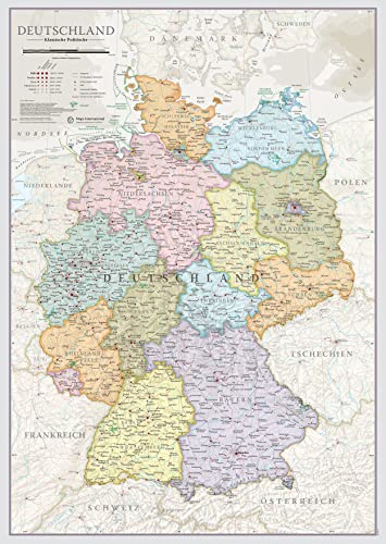 Politische Landkarte Deutschland 2024 - Deutschlandkarte Wandposter - Maps International - Kartografisches Detail 16 deutschen Bundesländer sind farblich voneinander abgegrenzt - 42 x 59 cm