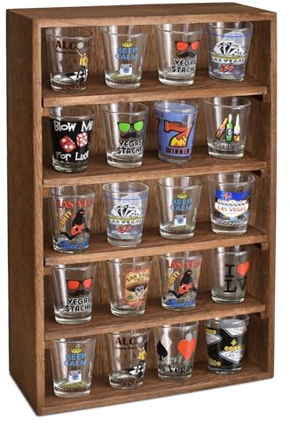 Ikee Design Wooden Wall-Mounted Display Shelves Rack for Collectibles-Figures,Shot Glasses,Spice Can,Cosmetics or Perfume-5 Adjustable Height Shelves,Space-Saving- Brown Color