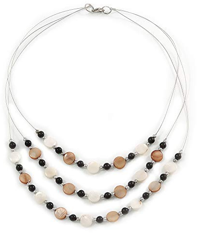 Avalaya 3 Strand White/Brown/Black Shell and Ceramic Bead Wire Layered Necklace - 60cm L