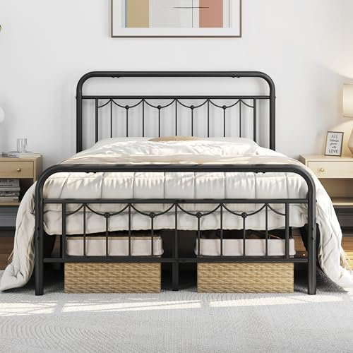 Yaheetech Full Size Metal Bed Frames with Vintage Headboard and Footboard, Farmhouse Metal Platform Bed, Heavy Duty Steel Slat Support, Ample Under-Bed Storage, No Box Spring Needed, Black