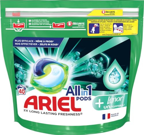Ariel 4en1 PODS, Lessive Liquide En Capsules 40 Lavages, Touch Of Lenor Unstoppables, Nettoyage Intense et Plus De Fraîcheur, Une Fraîcheur Longue Durée Jusqu’à 1 Semaine, Fabriqué En France