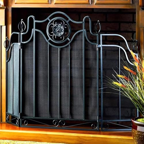 NUNETH Tri-Fold Stand Alone Fire Guard Cover, Safe Black Fireplace Screen for Pets Kids Toddlers Protection, Firewood Burning Stove Fire Spark Guard Mesh