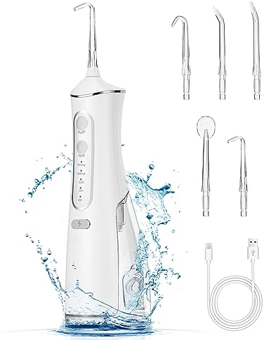 Hydropulseur Jet Dentaire Sans Fil, Irrigateur Oral Professionnel avec 5 Buses 4 Modes, IPX7 Étanche, Réservoir De 300 ML, Portable Nettoyeur de Dents Rechargeable pour la Maison et les Voyages
