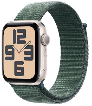 Apple Watch SE (2ª gen.) GPS 44 mm Smartwatch con cassa in alluminio Galassia e cinturino Sport Loop Verde lago. Tracker per fitness e sonno, app Battito, Rilevamento incidenti, Carbon Neutral