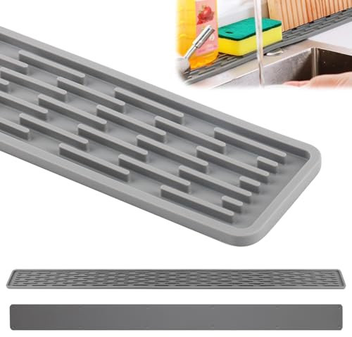 Kitchen Silicone Sink Splash Guard Ultra-Thin Draining Mat Narrow Extended Splashback 70 * 5cm Grey Anti-Slip Tidy Faucet Tray Shelf Drying Pad Drain Mat for Living Room Kitchen Bathroom Counter