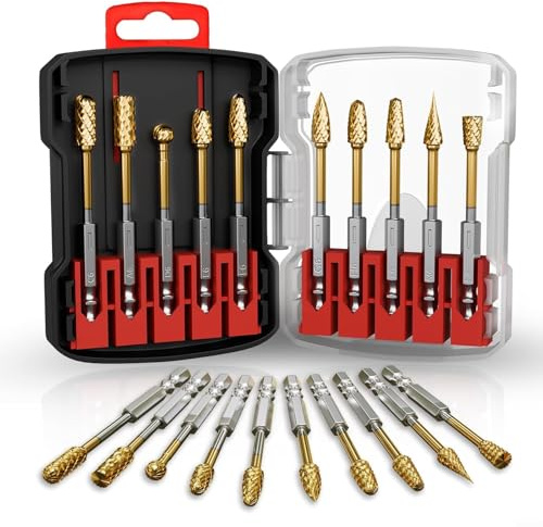 Besttoolifes Juego de rebabas recubiertas de titanio para grabado de metal, madera, piedra, desbarbado, adecuado para herramientas rotativas con estuche de almacenamiento