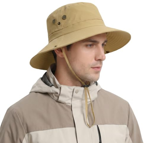 lifwimner Sombrero de Sol para Hombre con ala Ancha, Gorra de Pesca con Barbuquejo, Plegable, Impermeable y Transpirable para Verano, Senderismo, Pesca, Camping, Jardinería y Viajes (Caqui)
