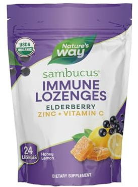 Nature's Way Sambucus Immune Lozenges, Zinc, Vitamin C, Elderberry, Immune Support*, USDA Organic, Honey Lemon Flavor, 24 Lozenges (Packaging May Vary)
