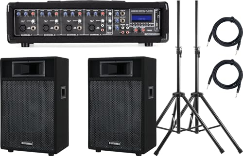 Pronomic PM42-115 StagePower Set Sistema Activo (Mezclador de Potencia de 4 Canales y 100 vatios con Reproductor MP3, Altavoces de 15, trípodes y Cables)