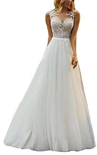 yhfshop Robe de demoiselle d'honneur longue pour femme - Robe de mariée à col rond - Robe de bal de fin d'année - Blanc cassé - 38 - Robe de soirée formelle - Robe de bal