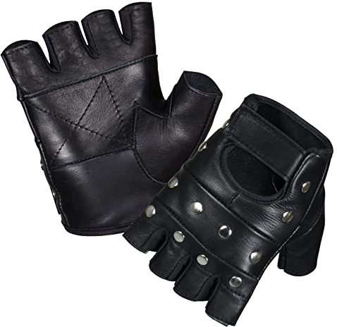 SHADOW DANCE UK Men's Gift Quality Classic Retro Driving Gloves 100% Genuine Leather -for Driving, Motorcycle, Riding,and Cycling, Mens Gloves (FingerlessStuddedBlackGloves-XXL)