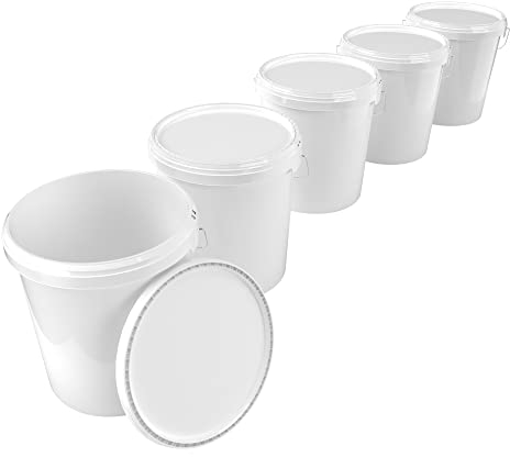 5x Eimer mit Deckel 16 Liter weiß - lebensmittelecht luftdicht und stabil, Leer Eimer mit Griff und Verschluss Deckel aus PP Material für Lebensmittel Chemie Farbe Waschpulver Klebstoffe geeignet