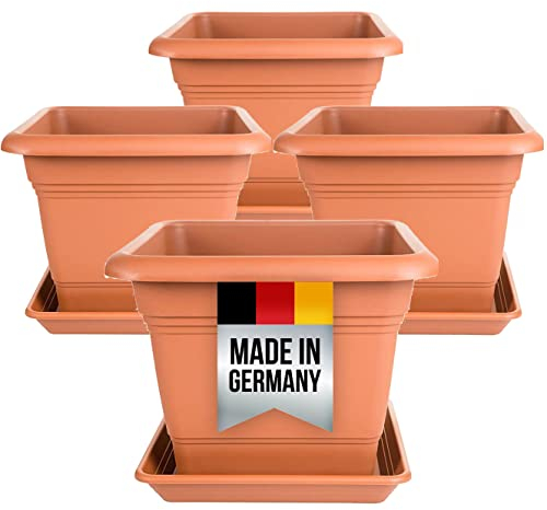 4er Set Pflanzkübel Groß Aussen, Blumentopf Gross 48cm, Pflanzentopf Blumentopf mit Untersetzer, Pflanzkübel Kunststoff Terracotta, Blumenkübel Pflanztöpfe Blumentöpfe Made in Germany, Model:Ila
